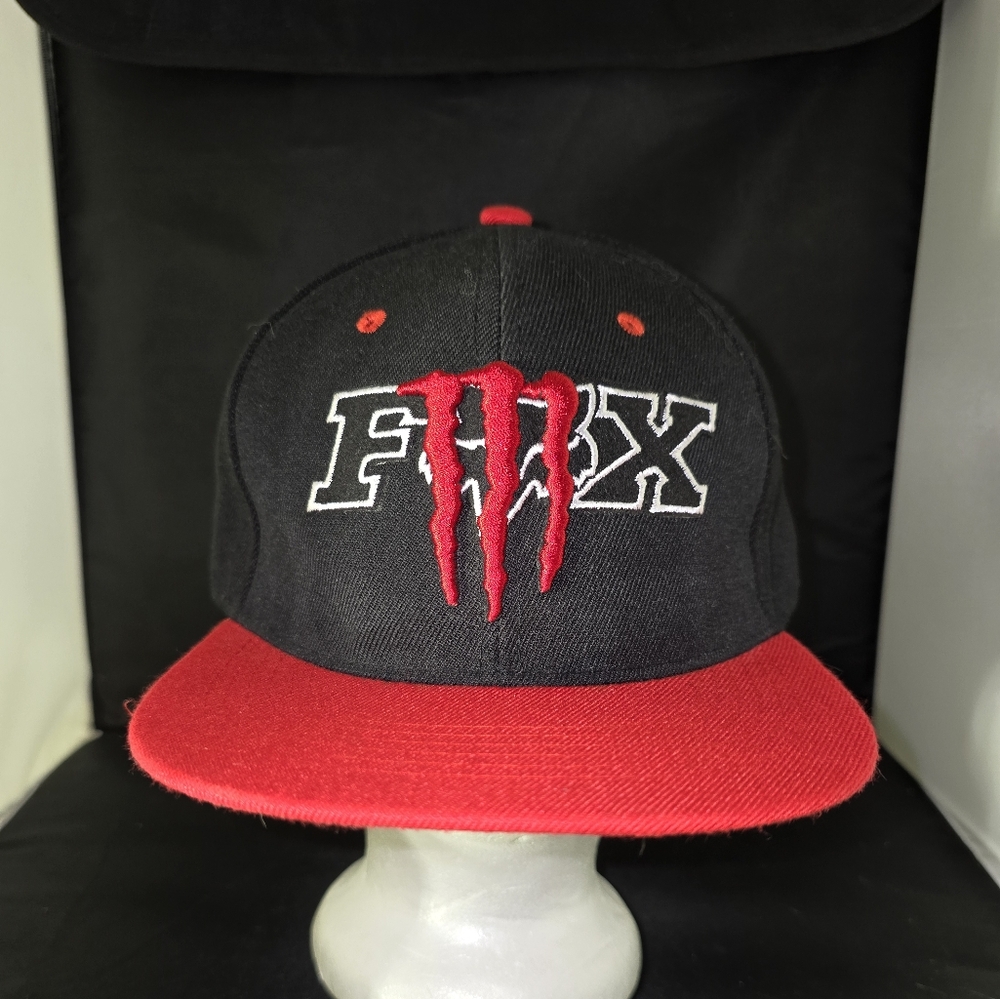 EUC Fox Racing + Monster Energy Logo Black Red Fitted Flat Bill Hat